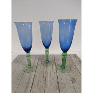 French Style Set of 3 Wine Drinking Glasses 8 5/8" Tall Blue Green Stem